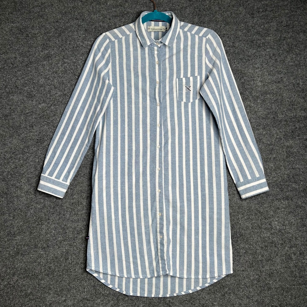 Regatta Womens Blue White Striped Button Front Long Sleeve Shirt Dress Small